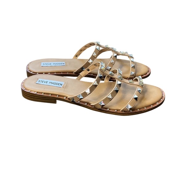 Steve Madden Averill Tan Studded Gladiator Slide Sandals Womens 9 Silver Studs - Picture 3 of 8